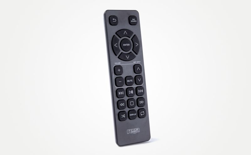 The redesigned mini remote handset supplied with the io, standing upright against a pale grey background