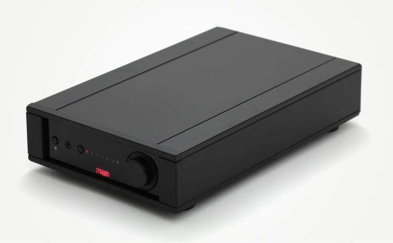 The Brio MK7 in black seen from the front left and above, half width case, volume knob and the small red Rega badge lit on the fascia