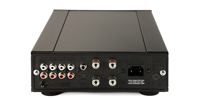 The Brio MK7 rear panel from three-quarters: the line and phono RCA rows, digital inputs, loudspeaker terminals and IEC mains inlet