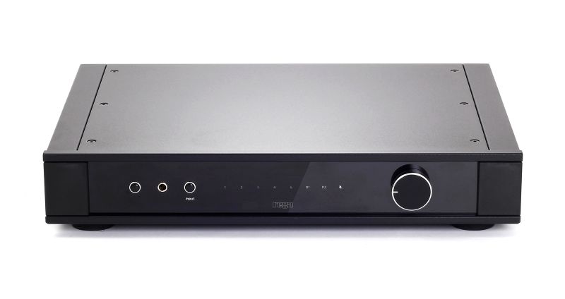 The Elex MK4 straight on from the front at a low angle, the whole fascia and the Rega badge centred between the buttons and the volume knob