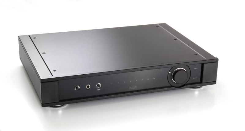 The Elicit MK5 in black from the front left and above, full width case, buttons and input markers along the fascia beside the volume knob