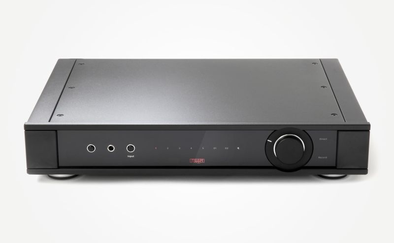The Elicit MK5 straight on from the front, its red input markers lit across the fascia and the volume knob at the right