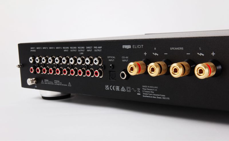 Close three-quarter view of the Elicit MK5 rear panel, the labelled RCA rows for phono, line, record and pre-amp beside four gold binding posts