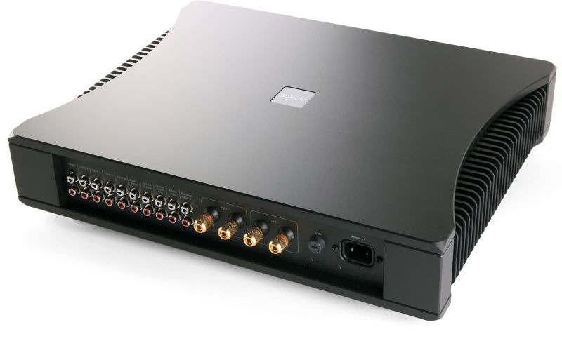 The Aethos rear panel from above right: the long row of line input RCAs, four gold loudspeaker binding posts and the mains inlet