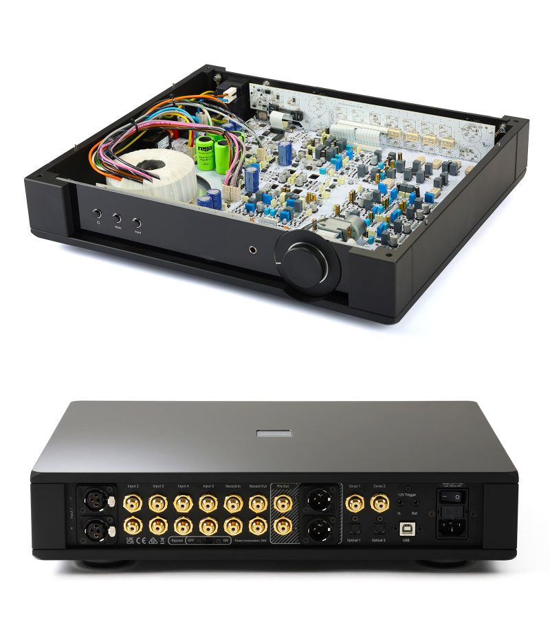 Two views in one frame: above, the Mercury with its lid off showing the boards and wiring; below, the rear panel with its XLR and gold RCA sockets