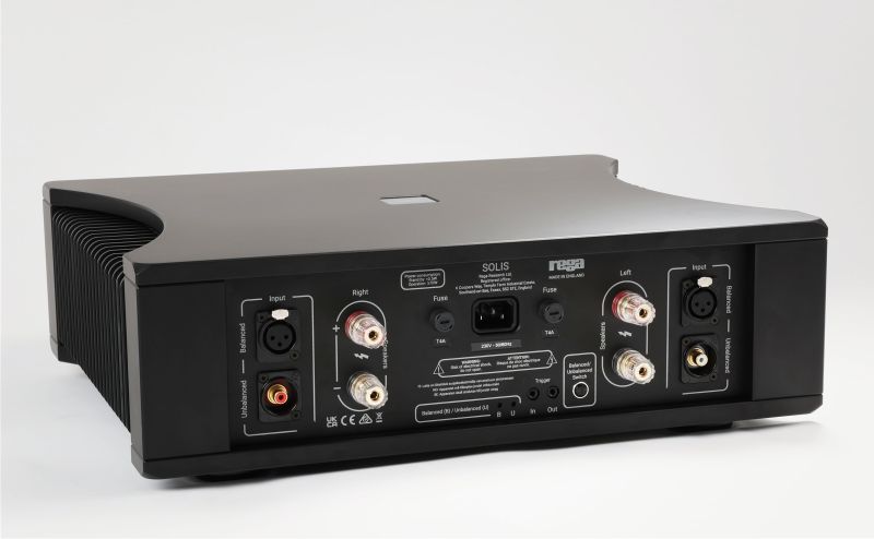 The Solis from behind and to the left: the XLR and RCA inputs, the loudspeaker terminals, fuse holders and the mains inlet across the rear panel