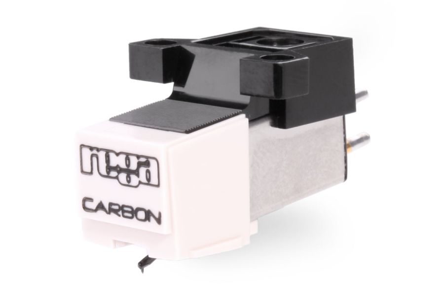 The Rega Carbon against white, white body lettered rega CARBON, black upper housing, two mounting lugs and the exposed stylus below