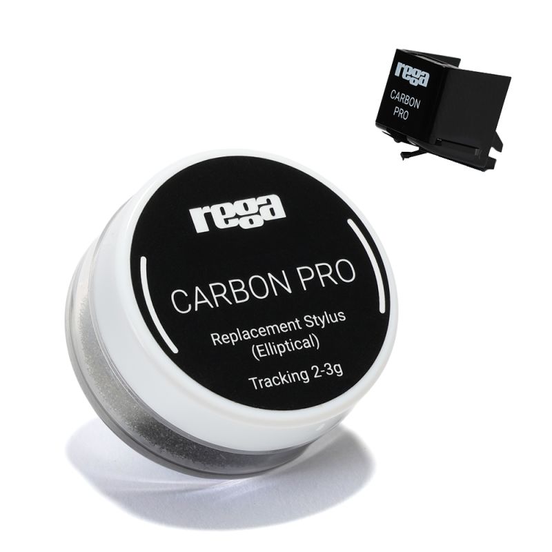 The round Carbon Pro package, black lid reading Replacement Stylus (Elliptical) Tracking 2-3g, with the loose stylus assembly behind