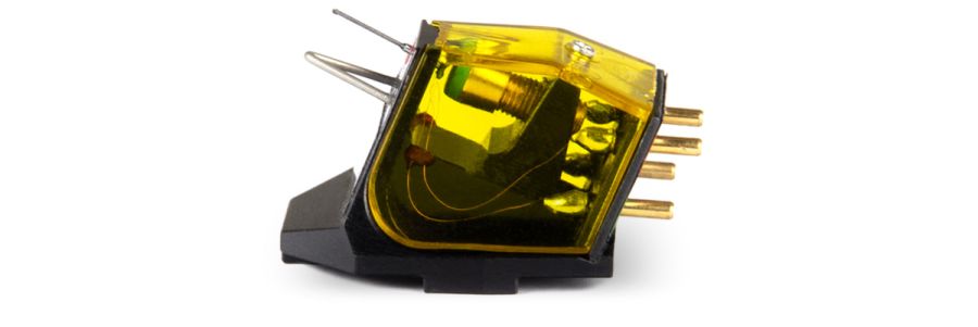 The Aphelion 2 against white, translucent yellow body over the generator on a black base, gold pins and the boron cantilever below
