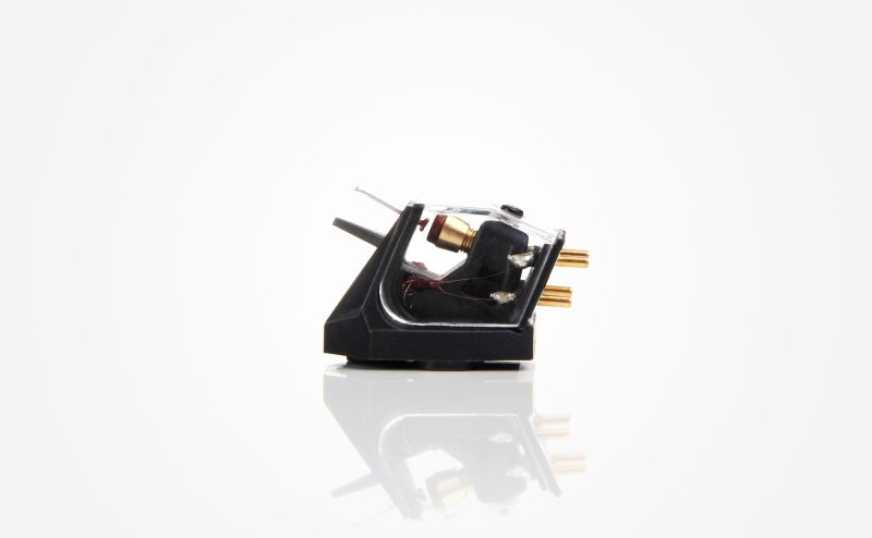The Ania with the guard removed, the fine cantilever and diamond projecting below the body, the hand-wound coil visible through the clear cover
