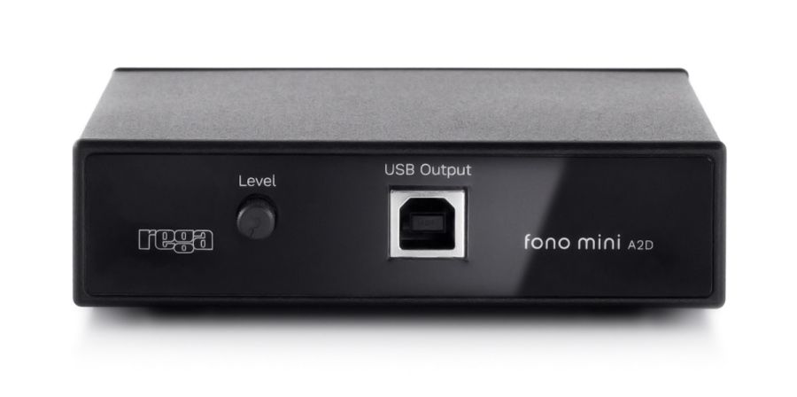 The Fono Mini A2D MK2 front panel in black, with the Level control, the type-B USB Output socket and the fono mini A2D name beside the red Rega logo