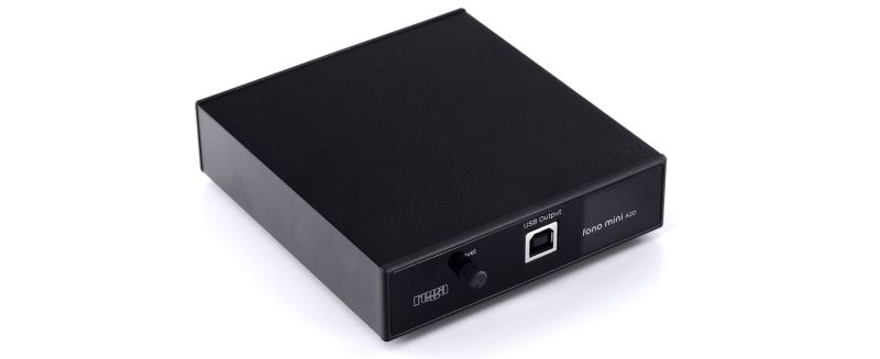 The compact Fono Mini A2D MK2 seen from above and to the left, showing the shallow black case and its silver top plate