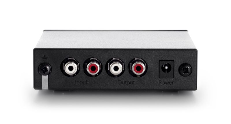 The Fono Mini A2D MK2 rear panel with the earth post, the Input and Output phono sockets in red and white, and the Power inlet
