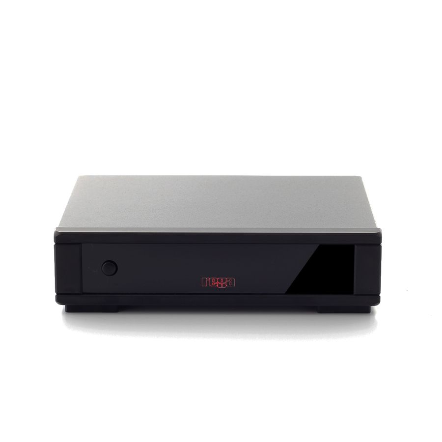 The Fono MM MK5 seen head on, its textured grey top plate above a black fascia carrying a single button and the red Rega logo