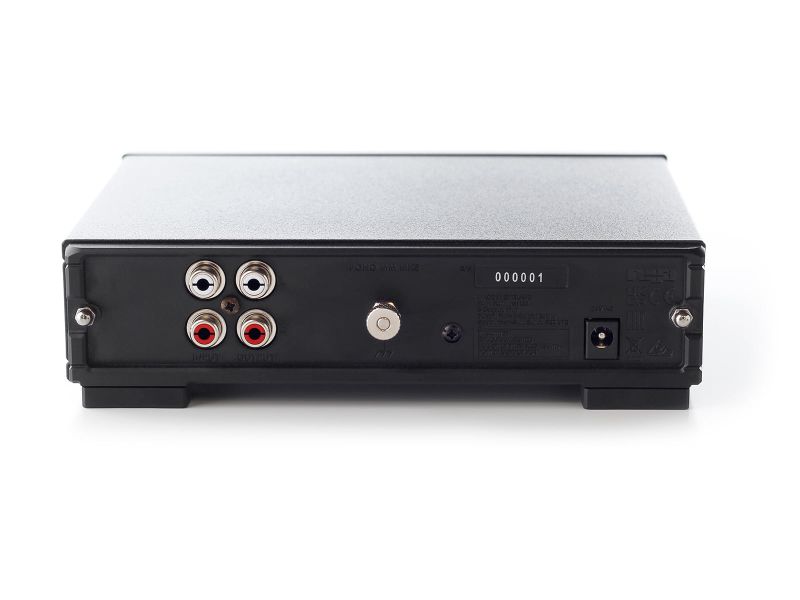 The Fono MM MK5 rear panel straight on, showing paired input and output phono sockets, the earth post, the power inlet and the serial number