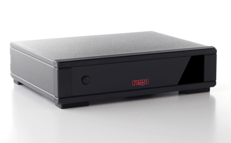 The Fono MC MK4 from the front left, the textured grey top plate meeting the black fascia with its single button and the red Rega logo