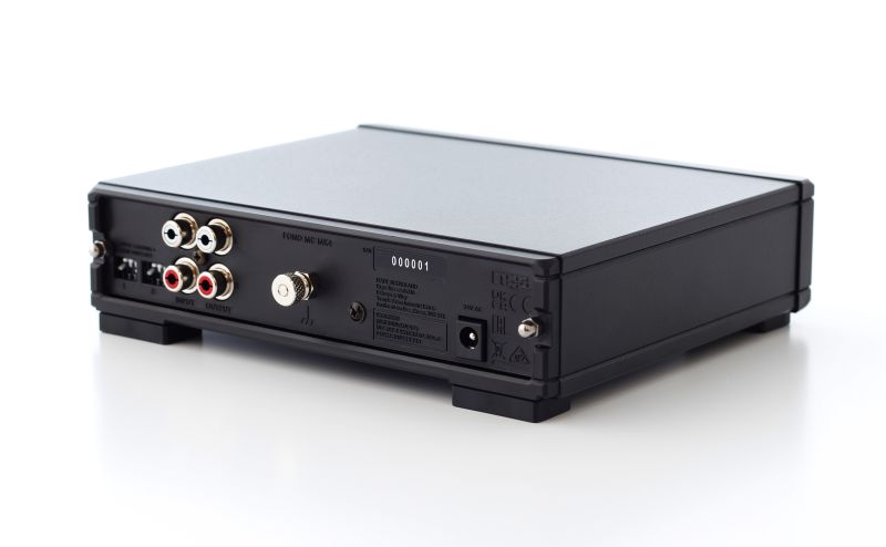 The Fono MC MK4 seen from above and behind, showing the phono sockets, the loading and gain DIP switches and the power inlet