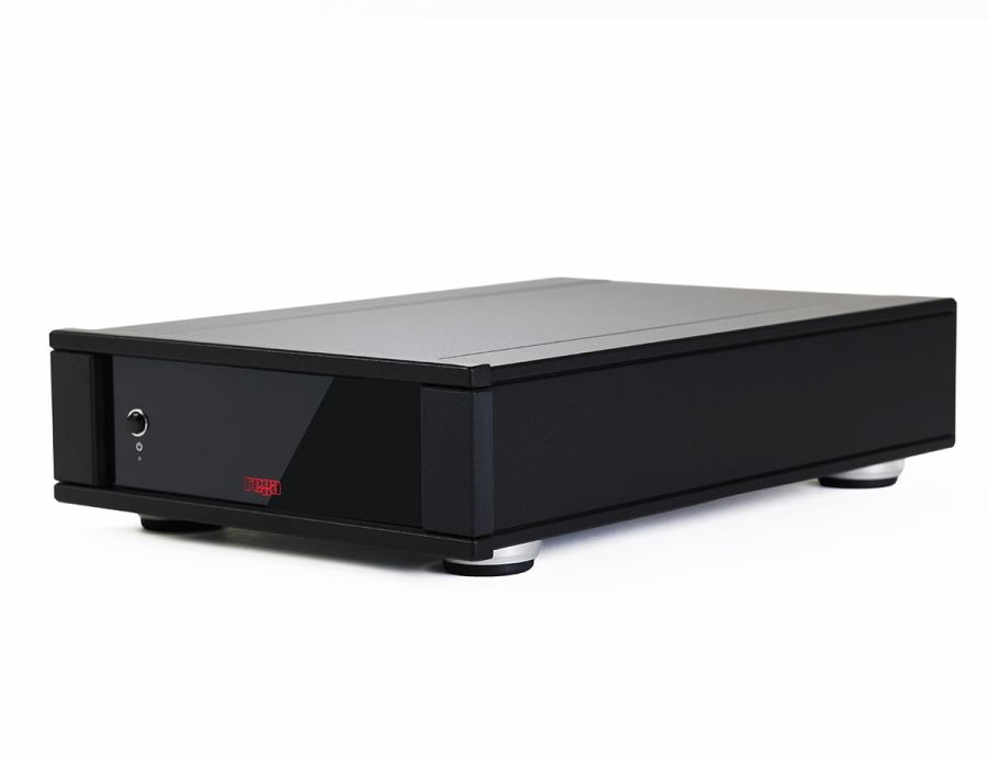 The Aos MC in its half width aluminium case, seen from the front left, a single button and the red Rega logo on the black fascia