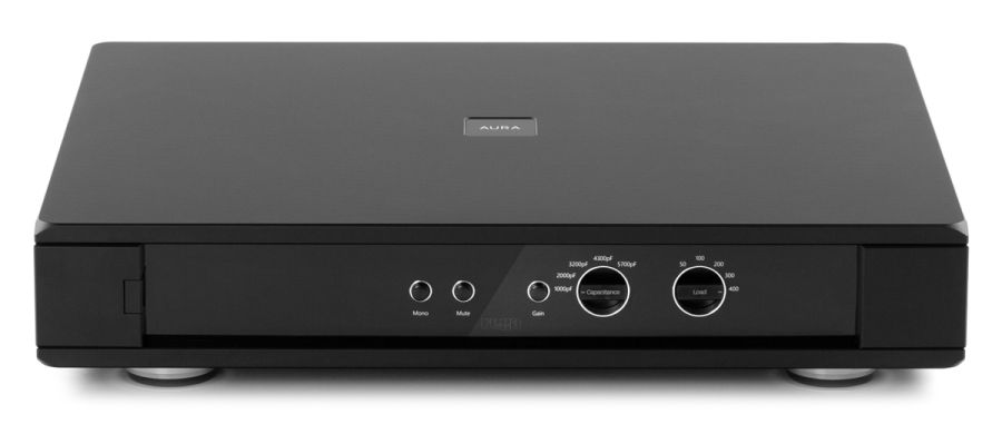 The reference Aura MC in black, seen from the front left, its full width case standing on four feet with the control row along the fascia