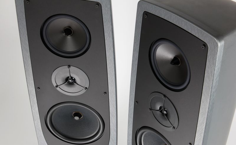 Macro of the AYA driver array on two cabinets, the upper bass cone, the ZRR tweeter with its three-spoke guard and the lower bass unit