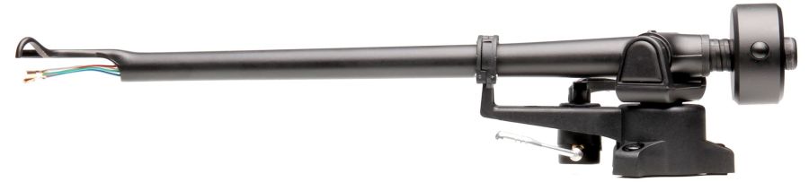 The complete RB220 tonearm against white, arm tube, bearing housing and balance weight