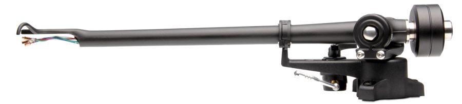 The complete RB330 tonearm against white, showing the bearing housing and balance weight
