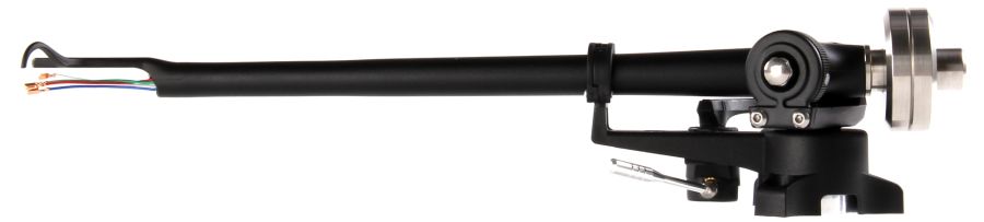 The complete RB880 tonearm against white, stainless balance weight at the rear