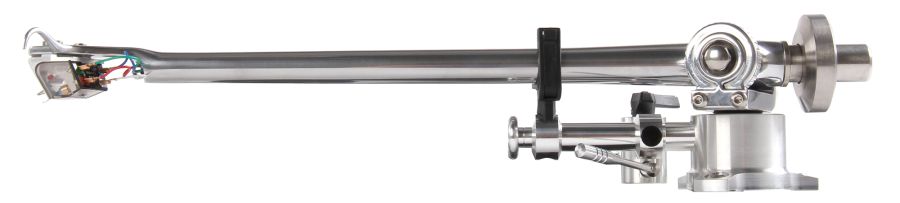 The complete RB3000 tonearm against white, polished arm tube and balance weight