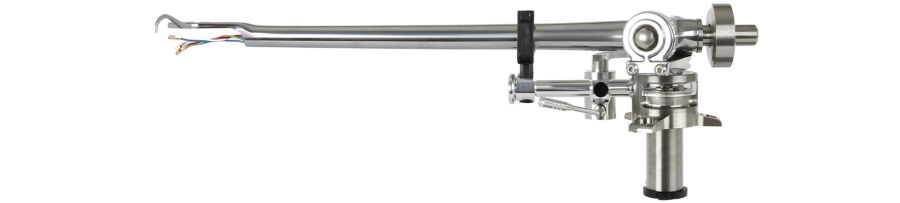 The complete RB Titanium tonearm against white, tungsten balance weight at the rear