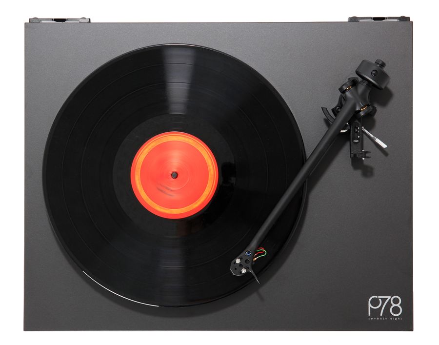 Planar 78 seen from above in matt black, a 78 rpm record playing under the RB220 tonearm