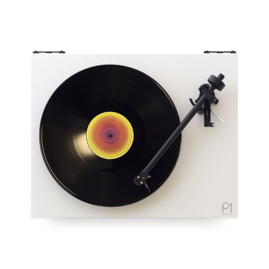 Planar 1 in matt white seen from above, a record playing under the RB110 tonearm