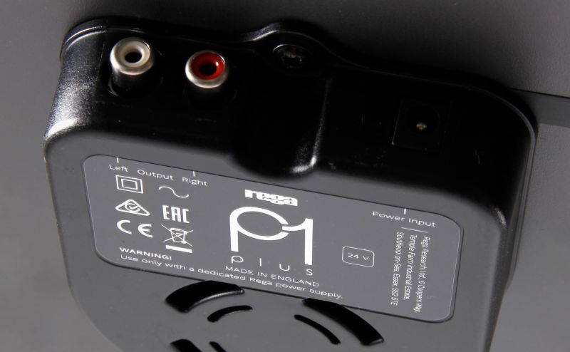Rear panel of the Planar 1 Plus with the built-in phono stage output sockets and the P1 plus badge
