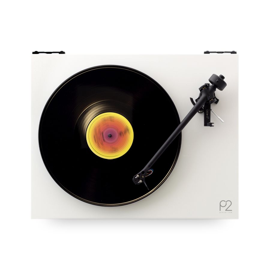 Planar 2 in high gloss white seen from above with a record playing