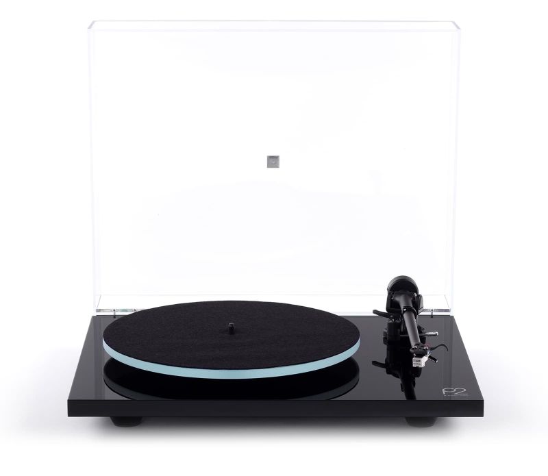 Planar 2 in high gloss black, dustcover raised, showing the Optiwhite glass platter