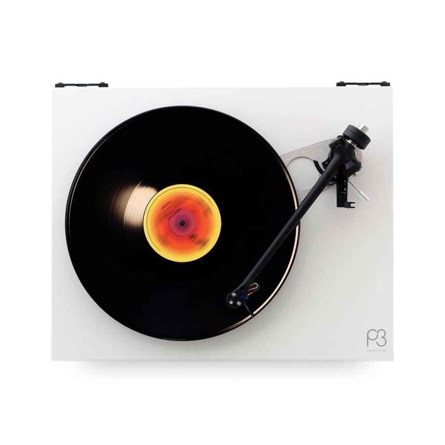 Planar 3 in high gloss white seen from above with a record playing