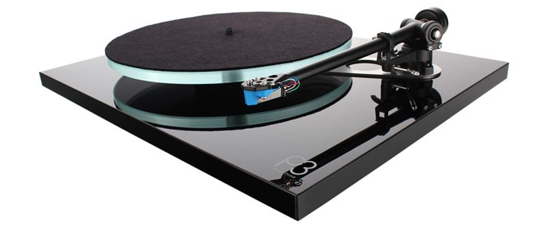 Planar 3 in high gloss black with the mat removed, showing the Optiwhite glass platter and RB330 tonearm
