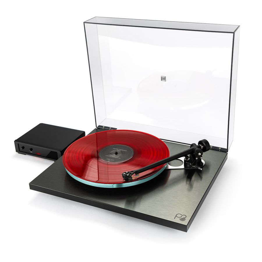 Planar 3 RS Edition in brushed aluminium with the Neo MK2 power supply, dustcover open, red vinyl playing