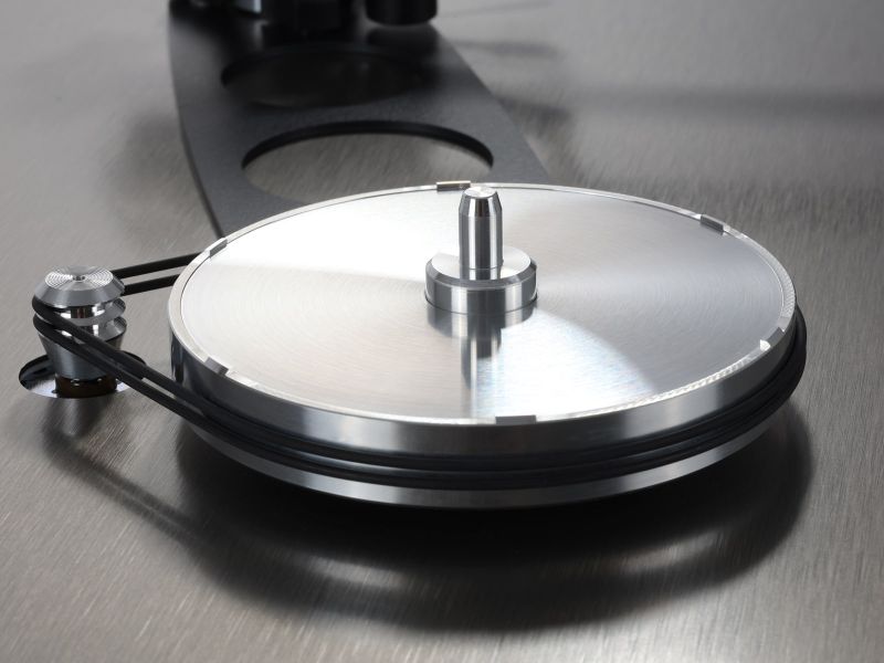 The machined aluminium sub-platter driven by two Reference EBLT belts from the CNC twin drive pulley
