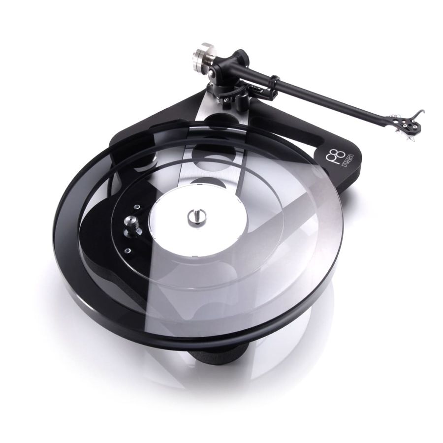 The skeletal Planar 8 seen from above, triple layer glass platter and RB880 tonearm
