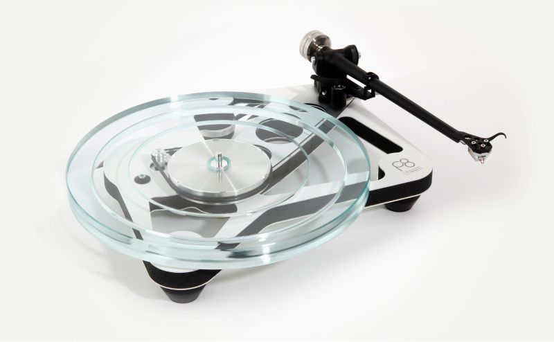The matt white Planar 8 with its triple layer float glass platter on the skeletal plinth
