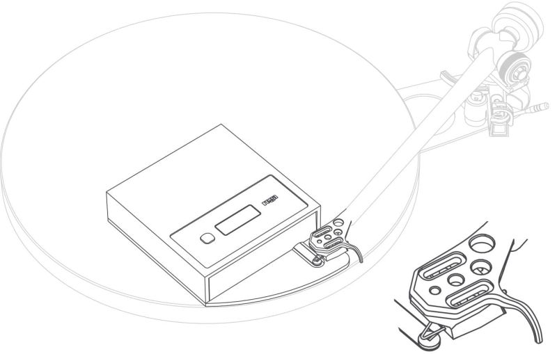 Rega line drawing: the Atlas standing on a turntable platter with the tonearm lowered onto its pad, and an inset detail of the headshell above the gauge